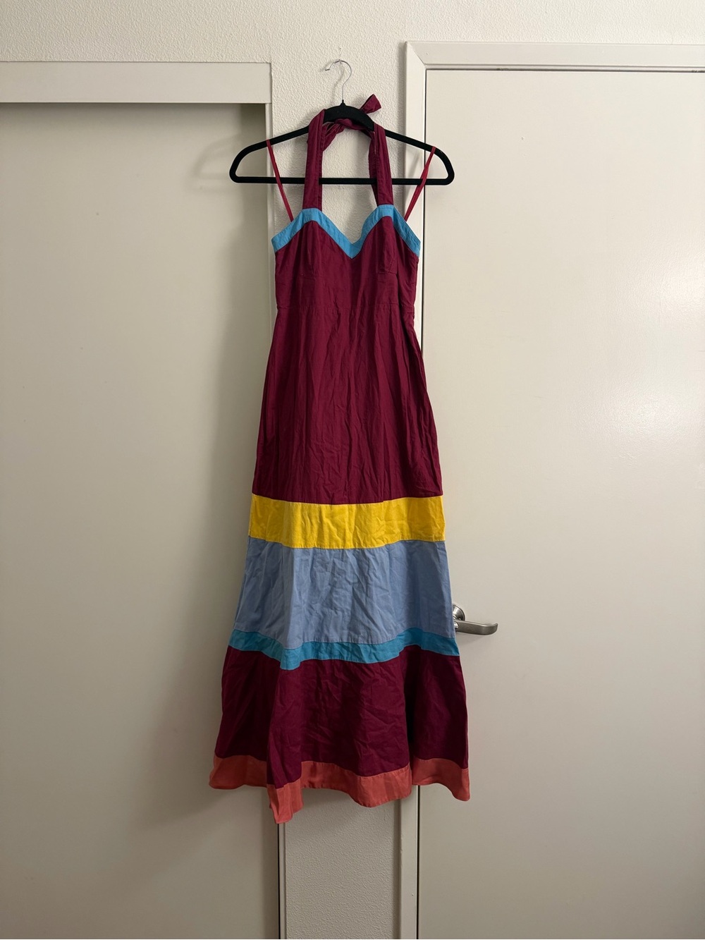 Maeve Colorblock Halter Maxi Dress in Burgundy, Blue, Yellow, Teal, Coral